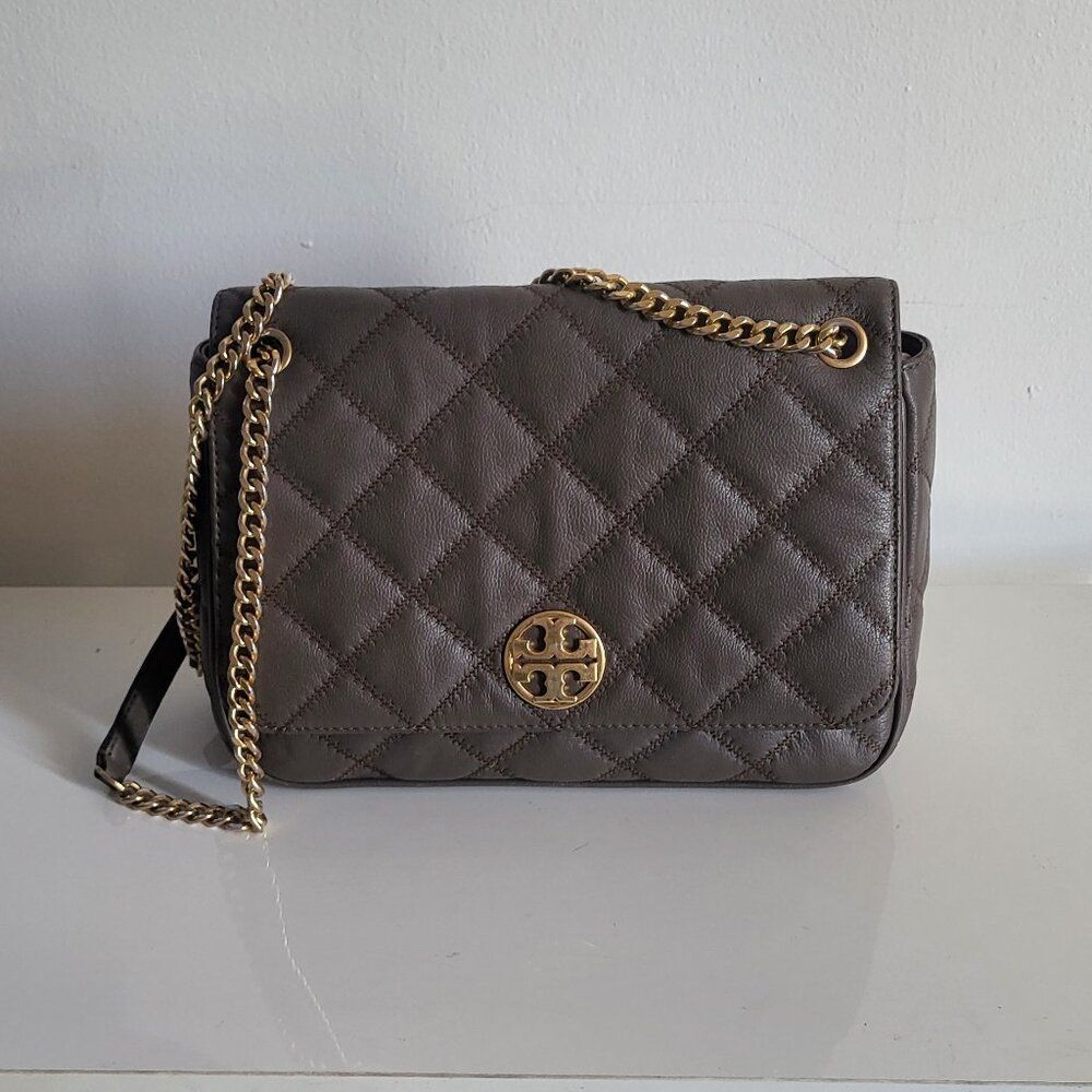 Tory Burch Quilted Shoulder Bag in Stone Brown with Gold Hardware